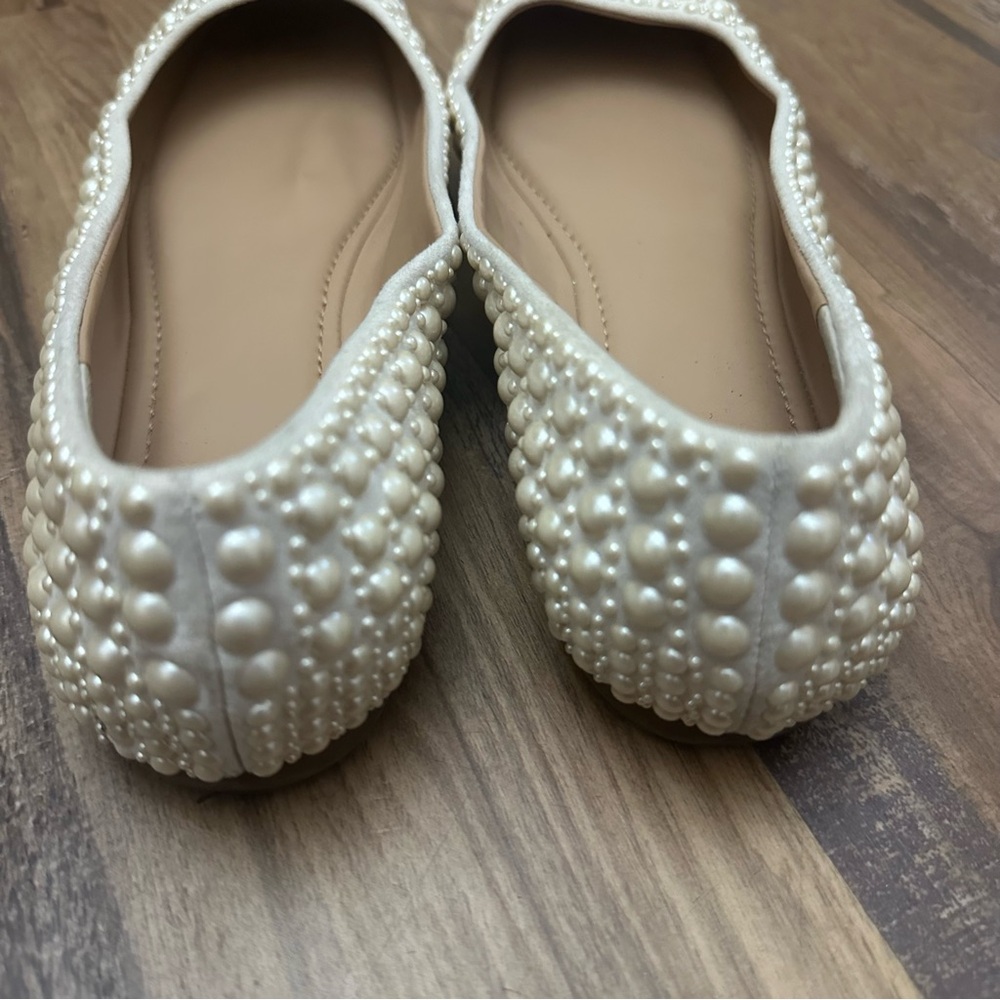 Cream Off White Pearl Beaded Square Toe Ballet Flats - Picture 5 of 8